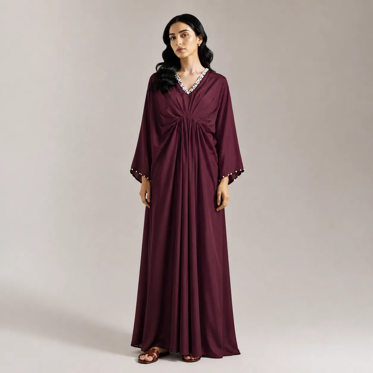 Plum Draped Long Kaftan with Crystal Neckline